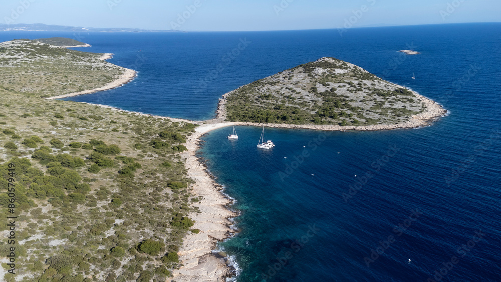 drone view of the Mediterranean coast of the island Zirje in Croatia