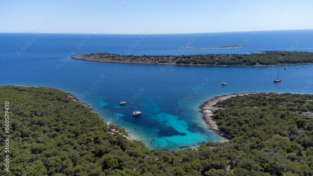 drone view of the Mediterranean coast of the island Zirje in Croatia