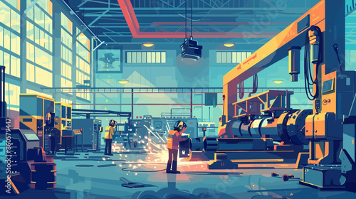 illustration of an industrial welding scene inside a modern factory with  worker in protective gear skillfully