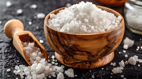 
A wooden bowl filled with coarse white granules, presumably salt. Beside the bowl, there's a wooden scoop with some of the salt spilled out. The granules are scattered on a dark surface