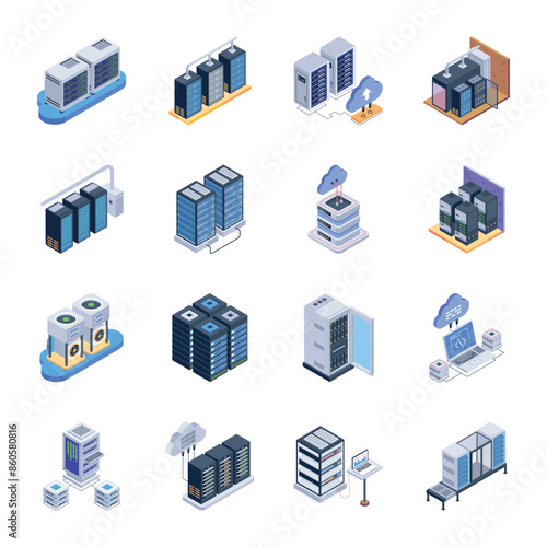 Trendy Isometric Icons of Server Racks

