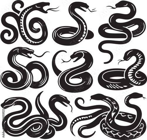 Silent Stalkers: A Collection of Snake Silhouettes, Vector Illustration 