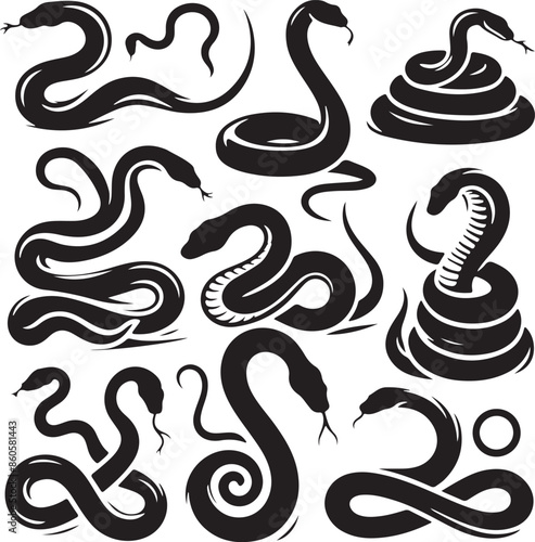Silent Stalkers: A Collection of Snake Silhouettes, Vector Illustration 
