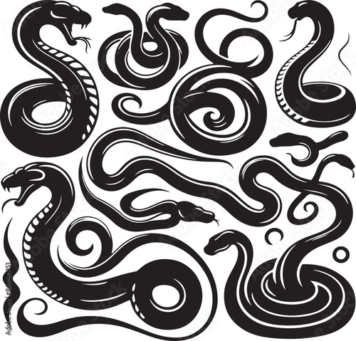 Silent Stalkers: A Collection of Snake Silhouettes, Vector Illustration 