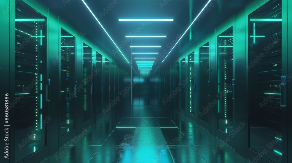 Modern Data Center with Green Neon Lighting, Generative AI Modern Data Center with Green Neon Lighting, Generative AI