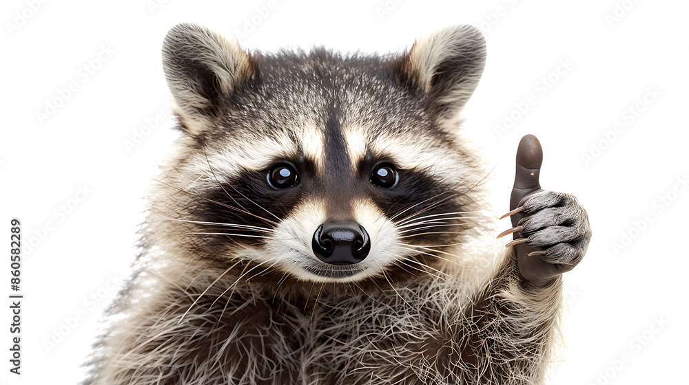 Obraz premium Raccoon showing thumbs up isolated on a white background. Studio shot.