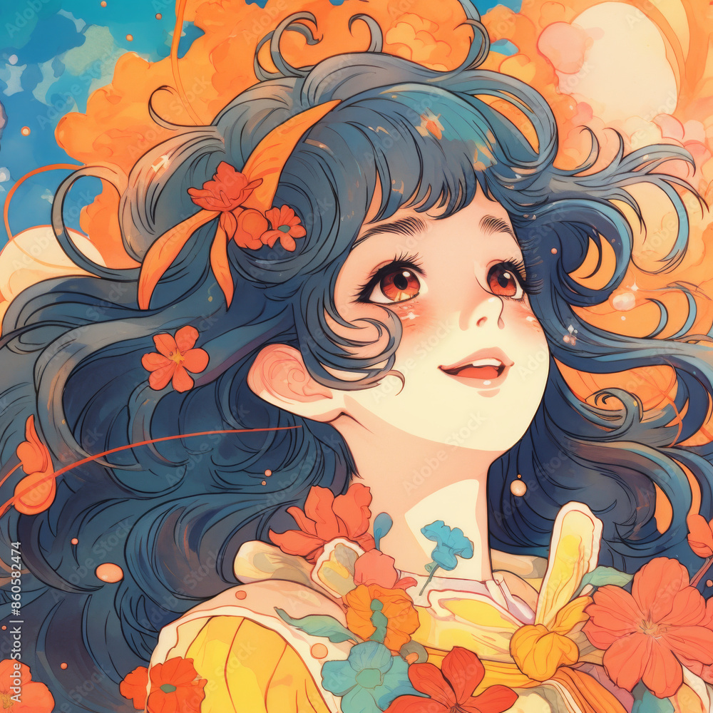 portrait of anime girl in close-up. Anime girl with beautiful dark hair is smiling happily. Bright colorful abstract background. girl smiles and laughs portrait of anime girl in close-up. Anime girl with beautiful dark hair is smiling happily. Bright colorful abstract background. girl smiles and laughs