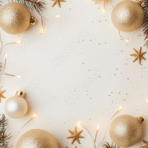 Blank mockup with gold glitter Christmas decorations, including twinkling fairy lights, shiny ornaments, and elegant garlands, set against a clean background for custom additions