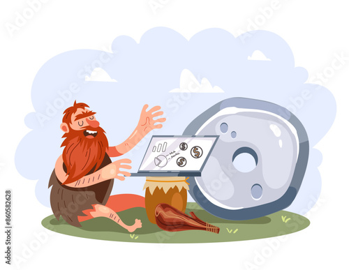 Cave people and wheel isolated concept. Vector flat graphic design illustration