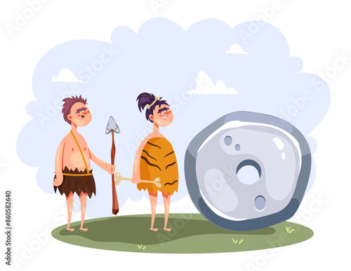 Cave people and wheel isolated concept. Vector flat graphic design illustration