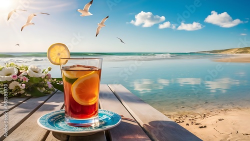 Wallpaper Mural Lemon tea glass placed by the sea clear sky and clean sea water Torontodigital.ca