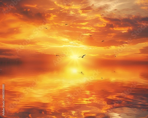 Vivid sunset reflection in water, birds in yellow orange sky over serene nature landscape