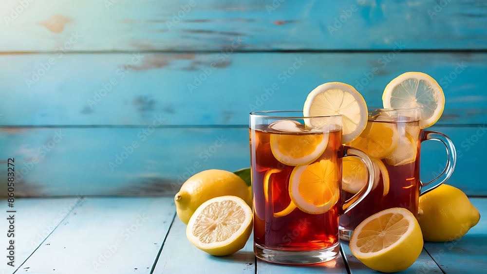 iced tea with two glasses and lemons on rustic blue wood background iced tea with two glasses and lemons on rustic blue wood background