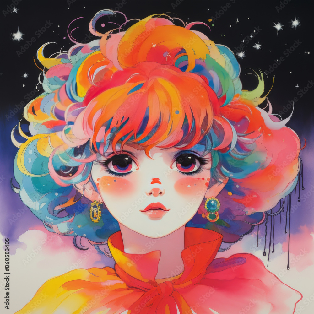 portrait of anime girl in close-up. Anime girl with beautiful red and blue hair is smiling happily. Bright colorful abstract background. girl smiles and laughs portrait of anime girl in close-up. Anime girl with beautiful red and blue hair is smiling happily. Bright colorful abstract background. girl smiles and laughs