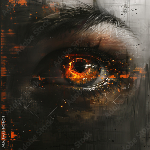 A menacing eye with some touches of fire and futuristic details