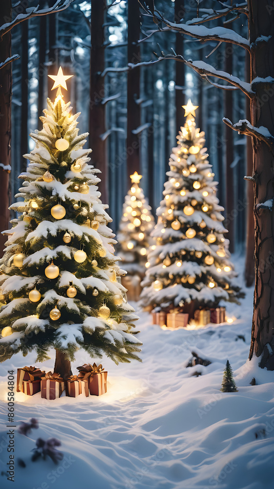 Festive Christmas Tree in Winter Forest Snow Lights Advent Decoration Vertical Festive Christmas Tree in Winter Forest Snow Lights Advent Decoration Vertical