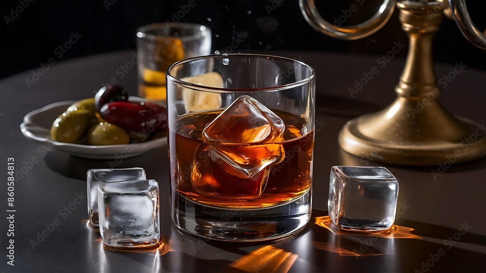 Glass of whiskey with ice cubes and salty snacks on the background Glass of whiskey with ice cubes and salty snacks on the background