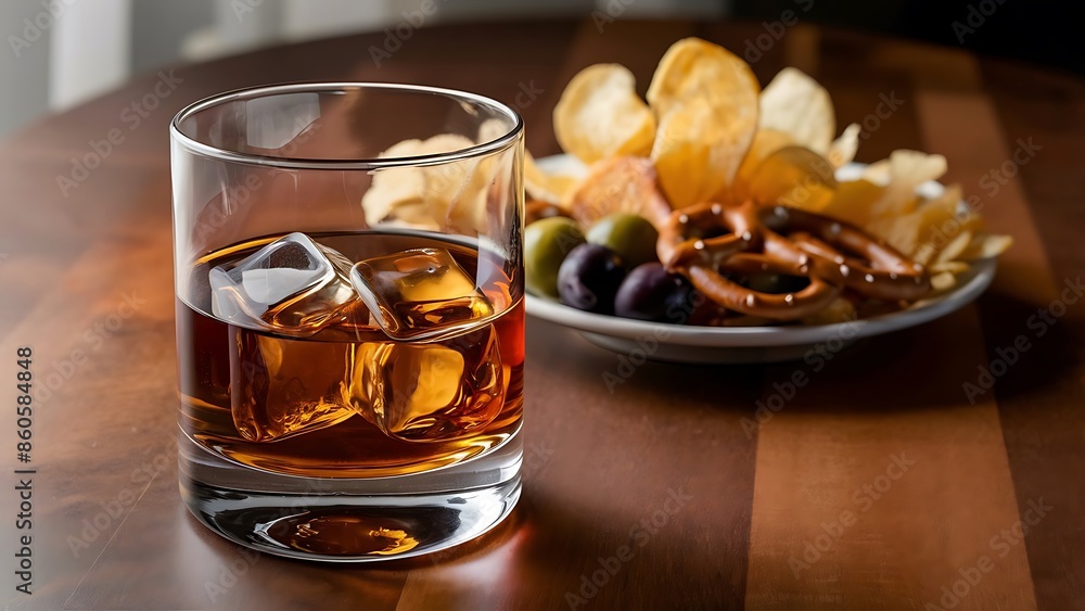 Glass of whiskey with ice cubes and salty snacks on the background Glass of whiskey with ice cubes and salty snacks on the background