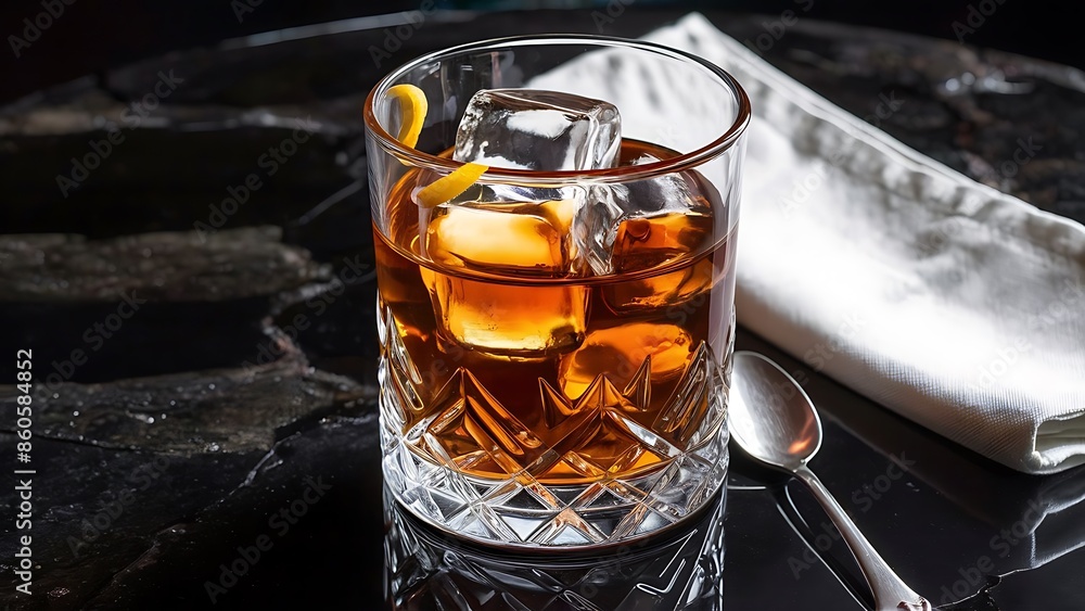 Whisky whiskey bourbon or cognac with ice cudes on black stone table Whisky whiskey bourbon or cognac with ice cudes on black stone table