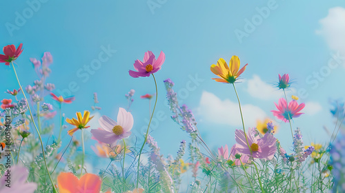 Multicolored cosmos flowers in meadow in spring summer nature against blue sky Selective soft focus : Generative AI © Generative AI