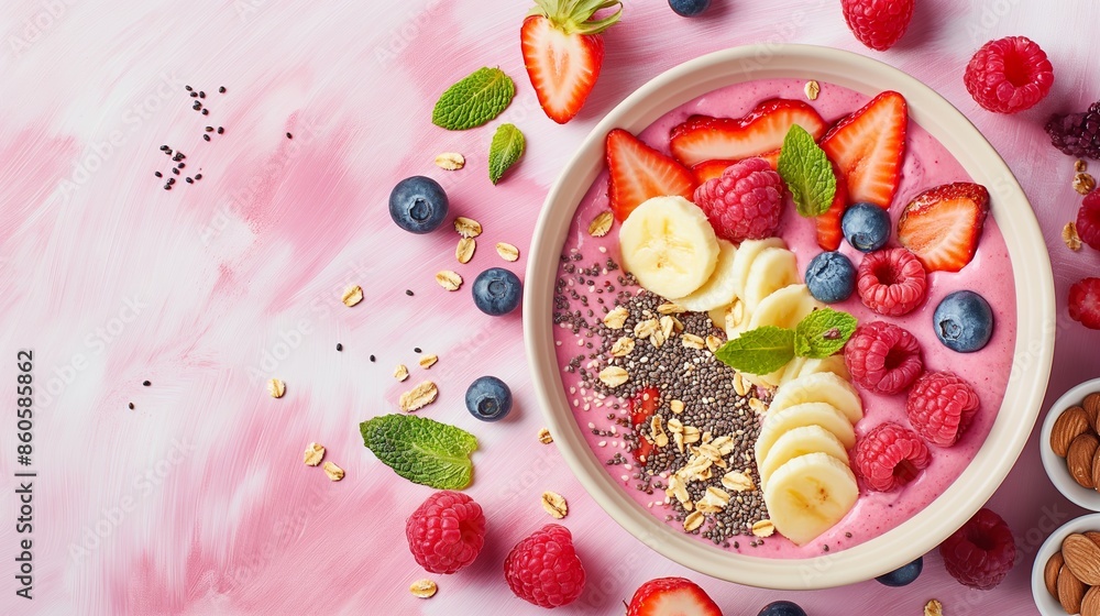 Vibrant smoothie bowl with fresh berries, banana slices, chia seeds, and granola on pink background. Vibrant smoothie bowl with fresh berries, banana slices, chia seeds, and granola on pink background.
