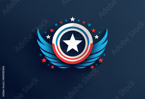 Stylized patriotic emblem featuring a white star in a red and blue circle, surrounded by smaller stars and blue wings. For USA-themed designs, military graphics, or political campaigns. photo