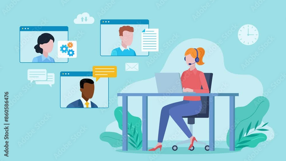 Woman customer support assistans sits at a desk and writes on a computer. A window with video chat with customers. Speech bubbles. Document icon and gears icon. Animation in flat style. Woman customer support assistans sits at a desk and writes on a computer. A window with video chat with customers. Speech bubbles. Document icon and gears icon. Animation in flat style.