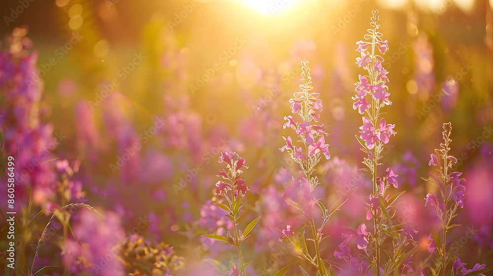 Obraz premium beautiful panorama rural landscape with sunrise and blossoming meadow purple flowers flowering on spring field wild flowers blooming on sunset summer panoramic view : Generative AI