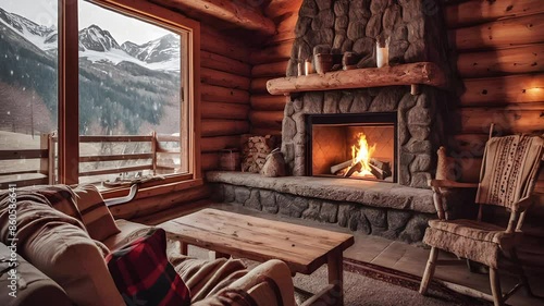cozy bonfire and snowfall animation in a wooden mountain cabin