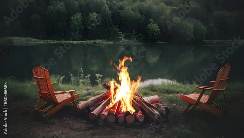 cozy bonfire animation in front of the lake