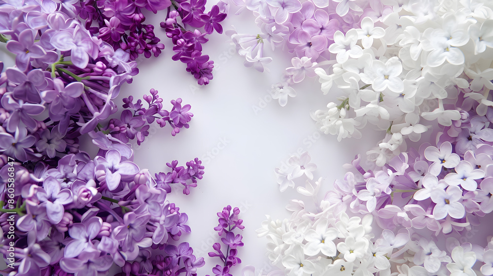 Flowers composition Border made of lilac and white flowers Flat lay top view copy space : Generative AI Flowers composition Border made of lilac and white flowers Flat lay top view copy space : Generative AI