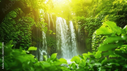 A cascading waterfall surrounded by vibrant green foliage with soft sunlight filtering through the leaves