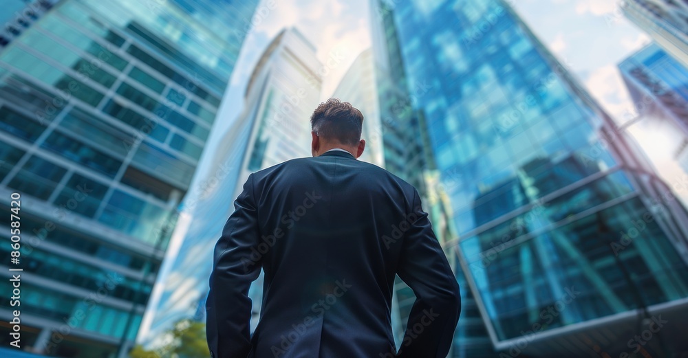 Fototapeta premium Back view of a businessman in a suit standing before a backdrop of modern office buildings, symbolizing financial growth and corporate success