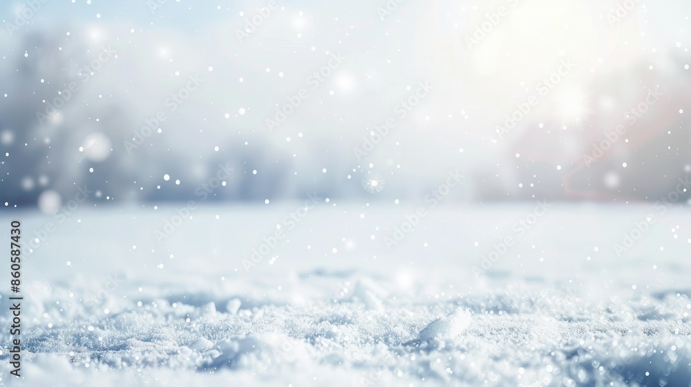 Softly falling snowflakes on a clean white background with a blurred winter landscape Softly falling snowflakes on a clean white background with a blurred winter landscape