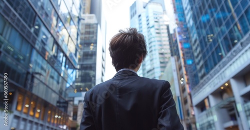 Back view of a businessman in a suit standing before a backdrop of modern office buildings, symbolizing financial growth and corporate success