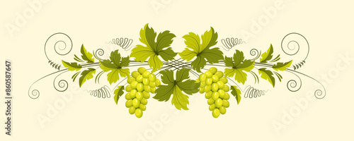 Grape branch with bunches of grapes and green leaves. Ornament, pattern, design element. Wine and winemaking concept. Vintage pattern for menu and wine labels. Vector isolated on yellow background.