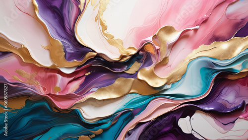 Abstract Fluid Art with Pink, Purple, Blue, and Gold Swirls