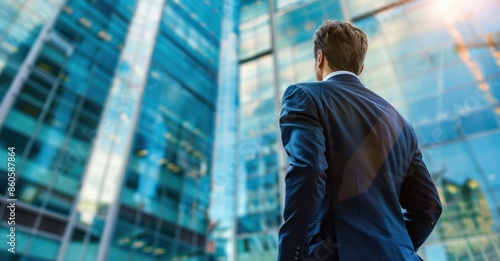 Back view of a businessman in a suit standing before a backdrop of modern office buildings, symbolizing financial growth and corporate success