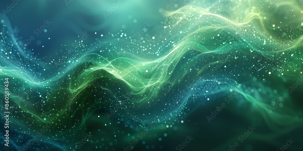 Abstract fluid motion with ethereal green and blue swirling light and particles Abstract fluid motion with ethereal green and blue swirling light and particles