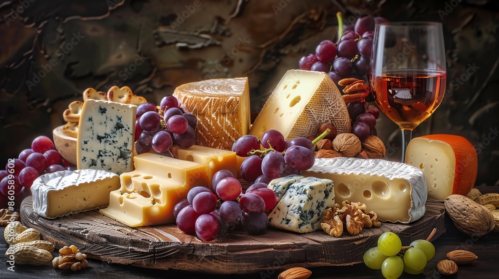 Cheese platter, variety of cheeses, grapes and nuts, close up, gourmet selection, ethereal, blend mode, wine cellar backdrop Cheese platter, variety of cheeses, grapes and nuts, close up, gourmet selection, ethereal, blend mode, wine cellar backdrop