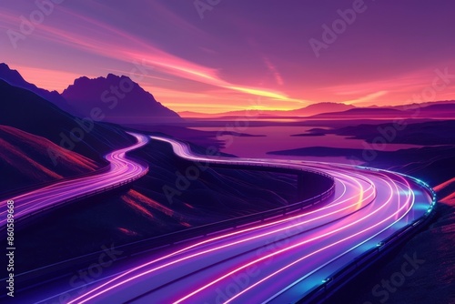 Futuristic glow street backdrop, evening mountain view, luminous freeway scenery