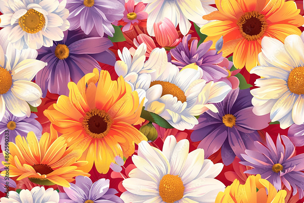 A seamless pattern of various colorful flowers in shades of yellow, white, purple, and orange on a red background. A seamless pattern of various colorful flowers in shades of yellow, white, purple, and orange on a red background.