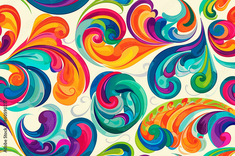 Colorful and swirling pattern with abstract shapes in various shades creating a lively and vibrant seamless tile design. Colorful and swirling pattern with abstract shapes in various shades creating a lively and vibrant seamless tile design.