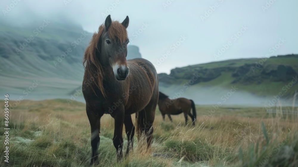 A horse stands in a field with two other horses in the background A horse stands in a field with two other horses in the background