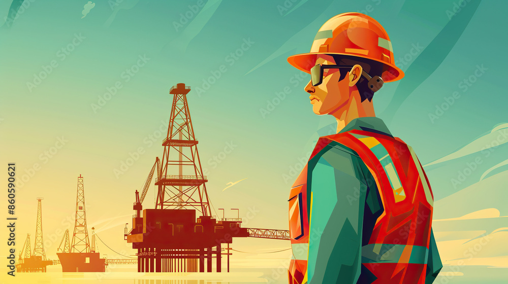 Cartoon petroleum engineer examining oil rigs Cartoon petroleum engineer examining oil rigs