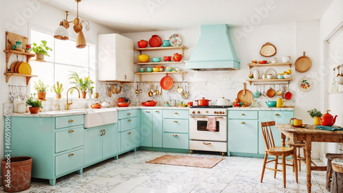 Light and bright kitchen in retro style. Mint color kitchen furniture with gold fittings.