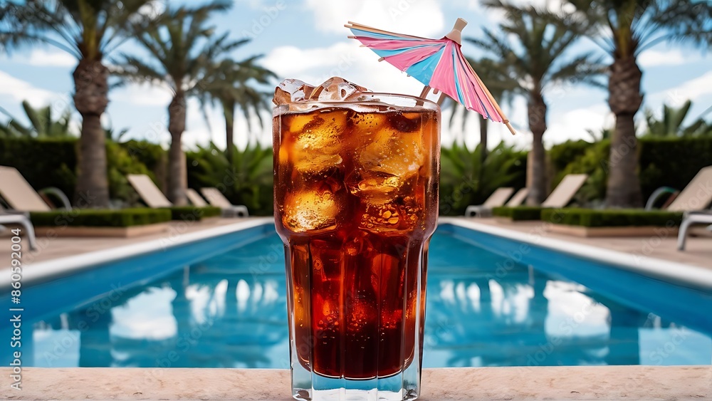 Iced cola glass with pool view background Iced cola glass with pool view background