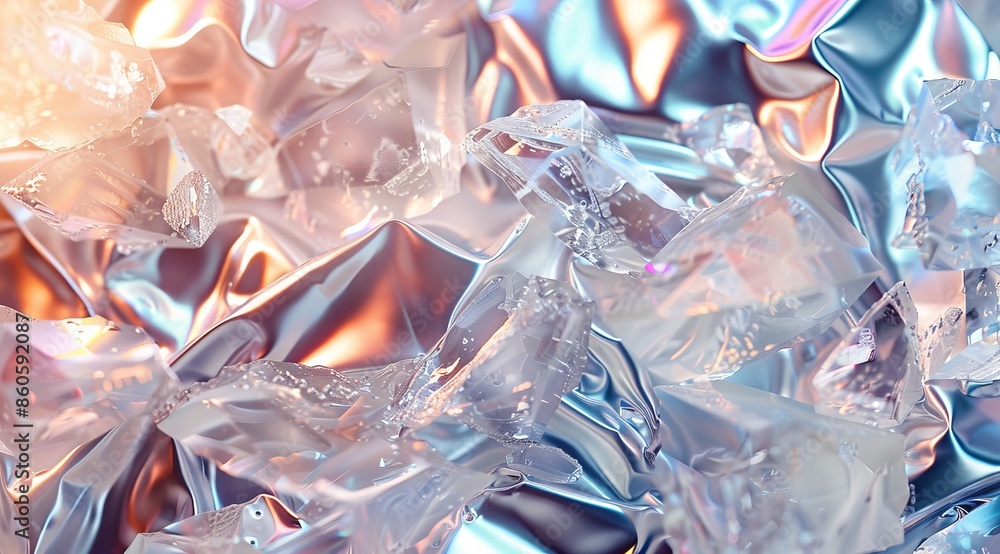 Silver Crumpled Foil with Iridescent Highlights, Holographic silver foil texture with shiny crystal shapes for an iridescent effect Silver Crumpled Foil with Iridescent Highlights, Holographic silver foil texture with shiny crystal shapes for an iridescent effect