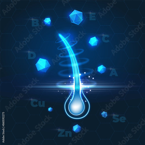 Hair follicle on a dark blue background. Nourishing vitamins, minerals and trace elements for healthy hair. Futuristic vector illustration