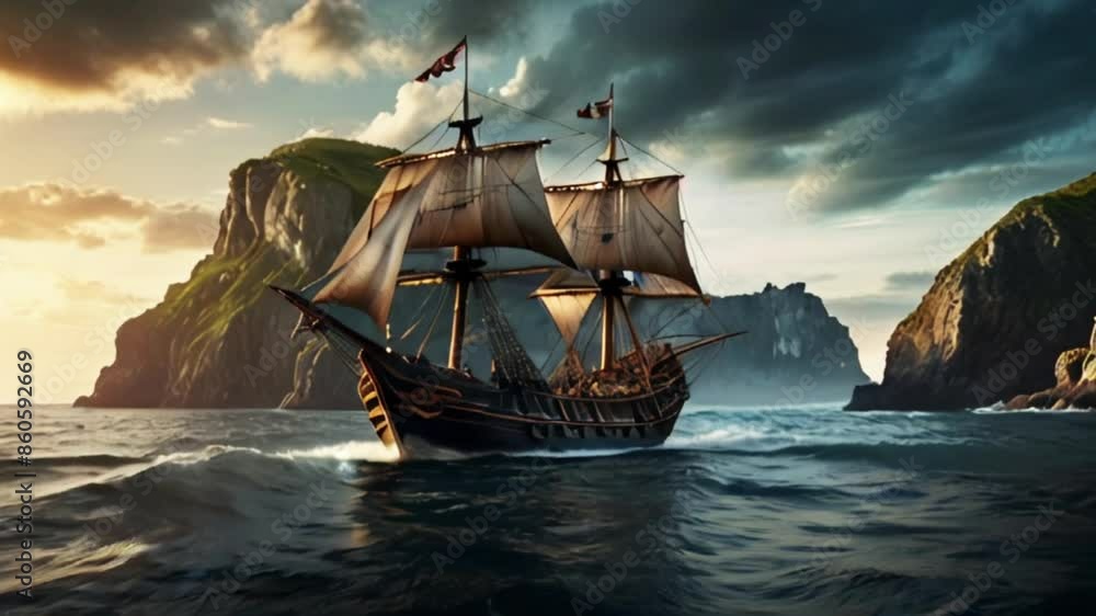 Pirate ships sailing on the sea past cliffs and big waves. Seamless looping 4k video animation Pirate ships sailing on the sea past cliffs and big waves. Seamless looping 4k video animation